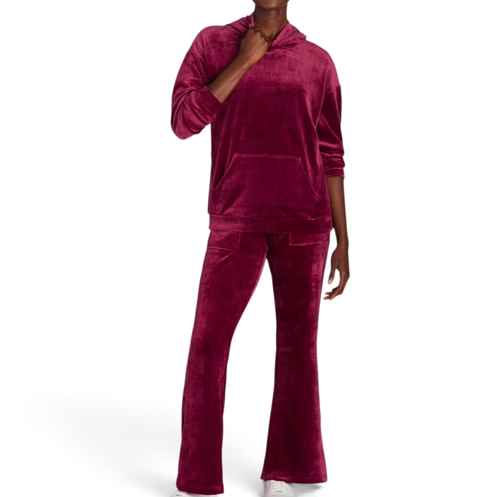 Velvet Corduroy 2 Piece Lounge Set Women XL Burgundy Excellent Flare Hoodie
